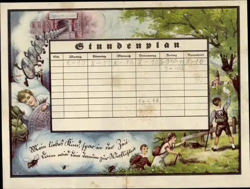 Stundenplan Sparkassen Verlag, wandernde Kinder, Bienen um 1920