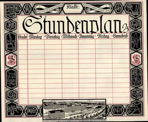 Stundenplan Singer Nähmaschinen, Wittenberge Bezirk Potsdam, Datentabellen um 1920