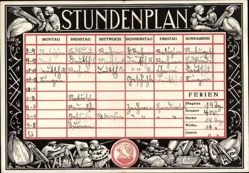 Stundenplan PELIKAN Farbkasten,Günther Wagner Hannover und Wien, Junge auf Pelikan um 1920