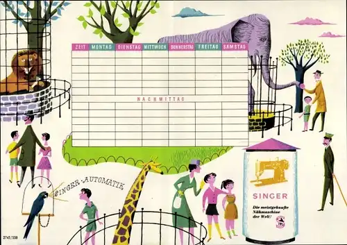 Stundenplan Singer Nähmaschinen, Nähmaschinen mit Weltruf, Zootiere Elefant, Löwe um 1960