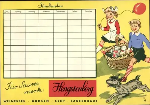 Stundenplan Hengstenberg Weinessig, Gurken, Senf, Sauerkraut, Kinder mit Korn um 1950