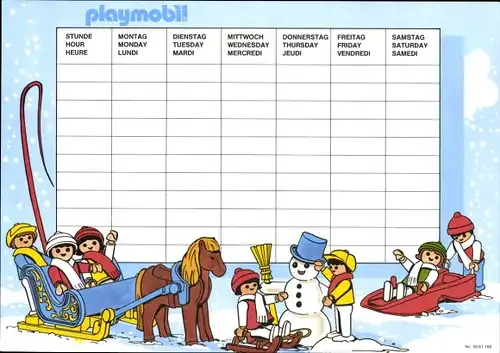 Stundenplan, Playmobil 80er-Jahre, Sport Surfen Tauchen, Winter Rodeln Schneemann Kutsche