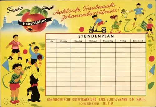 Stundenplan Hohenloher Apfelsaft, Traubensaft, Obstverwertung Schwäbisch Hall um 1950