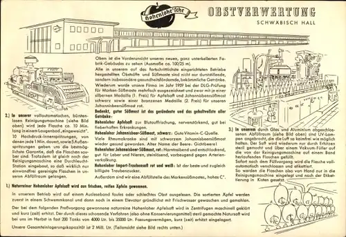 Stundenplan Hohenloher Apfelsaft, Traubensaft, Obstverwertung Schwäbisch Hall um 1950