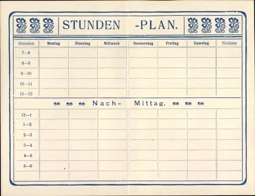 Stundenplan Felix Kühnel, Karlsruhe, Schulartikel, Cigarren- und Papierhandlung um 1920