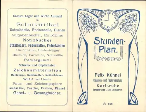 Stundenplan Felix Kühnel, Karlsruhe, Schulartikel, Cigarren- und Papierhandlung um 1920