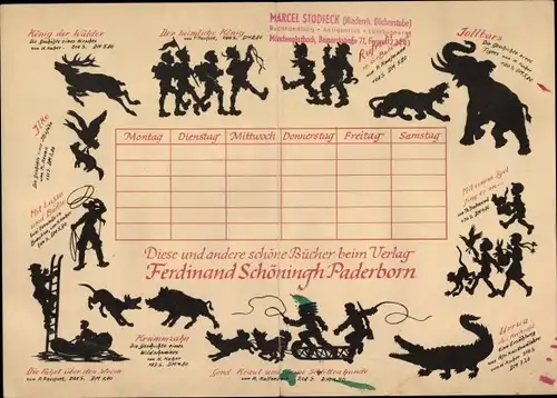 Stundenplan Verlag Ferdinand Schöningh, Paderborn, Scherenschnitte Tiere und Kinder um 1950