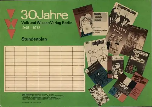 Stundenplan DDR Volk und Wissen Volkseigener Verlag, Berlin, 30 Jahre Bücher 1975