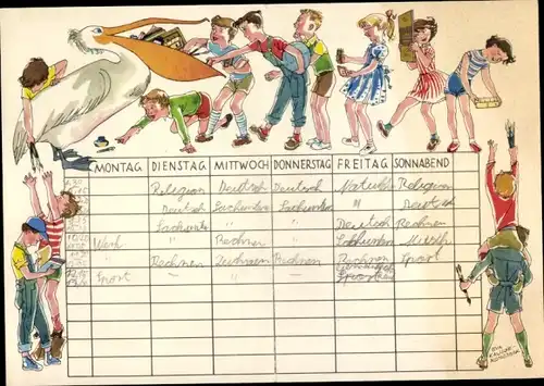 Stundenplan Pelikan Füller, Radiergummi, Tinte, Kinder mit Pelikan um 1950