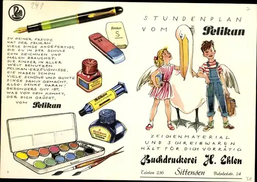 Stundenplan Pelikan Füller, Radiergummi, Tinte, Kinder mit Pelikan um 1950