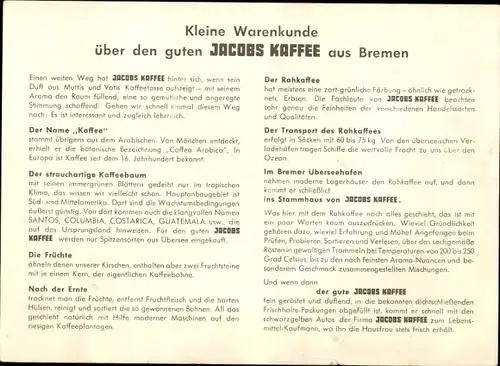 Stundenplan JACOBS Kaffee, Bremen, Warenkunde um 1950