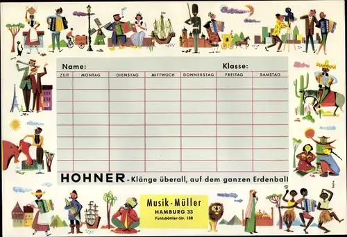 Stundenplan HOHNER Instrumente, Musik-Müller, Fuhlsbütteler Straße, Hamburg Barmbek um 1960