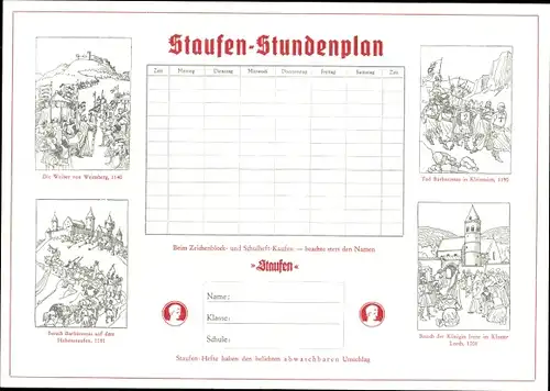 Stundenplan Staufen Zeichenblock, Hefte, Die Geschichte der Staufen-Kaiser um 1960