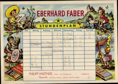 Stundenplan Eberhard Faber, Stifte und Radiergummi, Philipp Harfner Bayreuth, malende Kinder um 1950