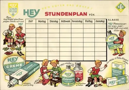 Stundenplan HEY Schugpflege, Kristallwachs, Blechdose und Verpackungen um 1950
