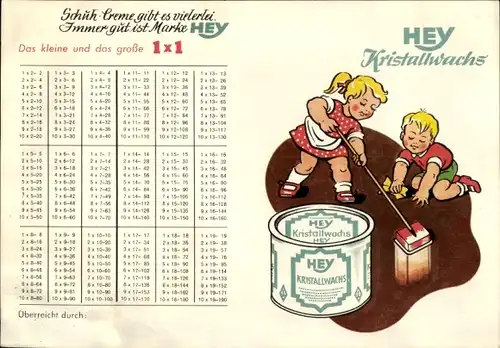 Stundenplan HEY Schugpflege, Kristallwachs, Blechdose und Verpackungen um 1950