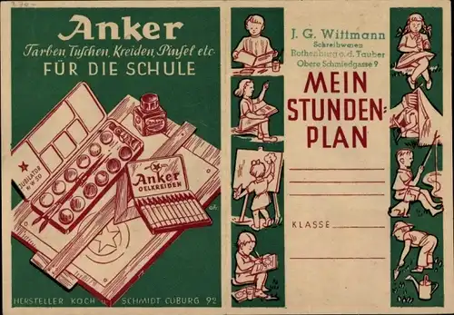 Stundenplan Koch & Schmidt Coburg, Anker Farben, Tuschen, Kreiden und Pinsel um 1950