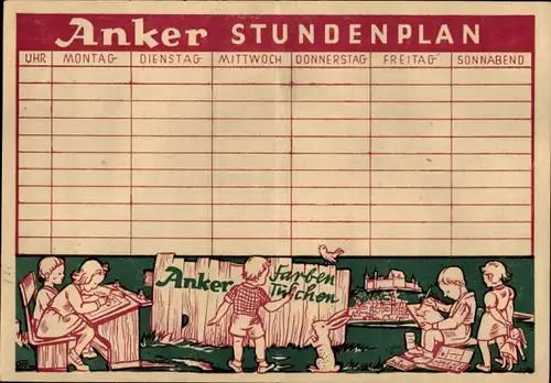 Stundenplan Koch & Schmidt Coburg, Anker Farben, Tuschen, Kreiden und Pinsel um 1950