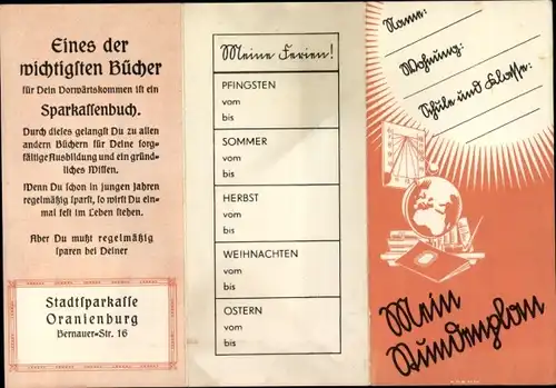 Stundenplan Stadtsparkasse Oranienburg, Sparkassenbuch um 1930