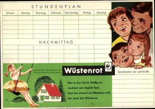 Stundenplan Wüstenrot Bausparkasse, Ludwigsburg, Mädchen auf Schaukel um 1960