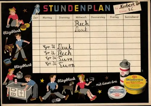 Stundenplan Diabona Bohnerwachs Schuhcreme, Herdliesl für Herd und Töpfe, Blechdosen 1952