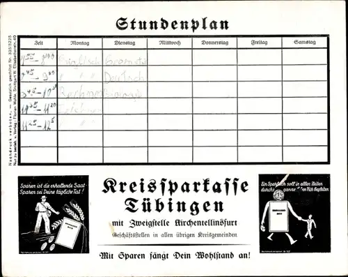 Stundenplan auf Löschpapier, Kreissparkasse Tübingen & Zweigstelle Kirchentellinsfurt um 1930