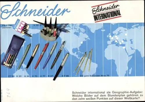 Stundenplan Schneider International, Kugelschreiber & Füller, Geographie-Augabe ca. 1970