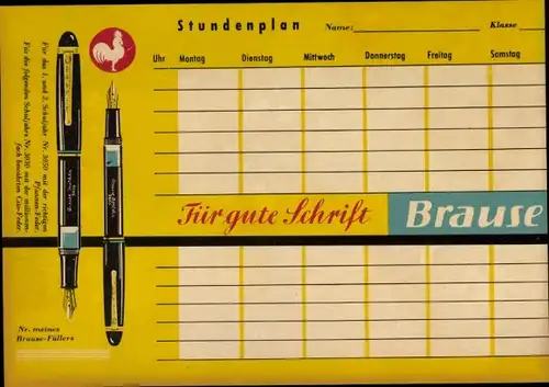 Stundenplan Brause Patronenfüller, für gute Schrift, Weltkarte um1960