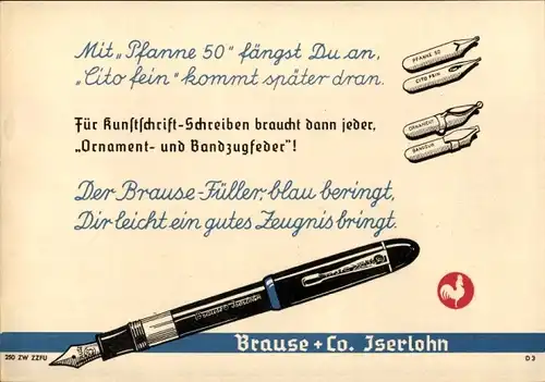 Stundenplan Brause + Co., Iserlohn, Feder, Füller nur von Brause um 1950