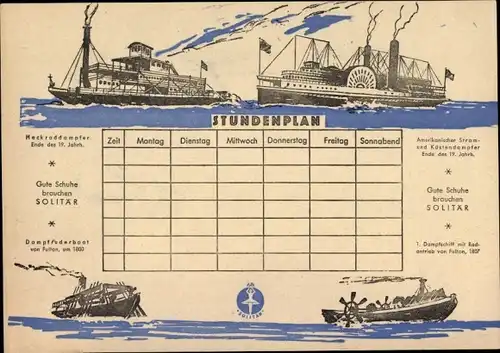 Stundenplan Solitär-Fabrik Mainz, Feinschuhcreme, Anfänge der Dampfschifffahrt im 19. Jahrh um 1960