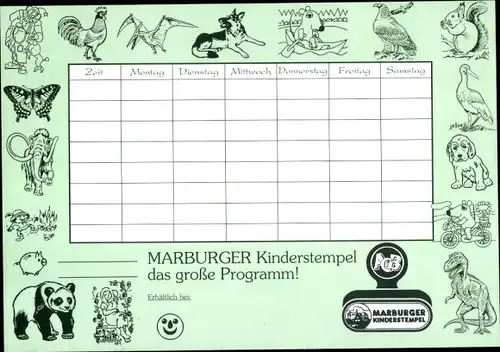 Stundenplan Marburger Kinderstempel, Sendung mit der Maus, Tiere, Dinosaurier um 1970