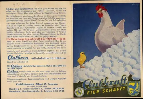 Stundenplan Kraftfutterwerk Albert Petersen, Hamburg, Clubkraft Eier schafft, Huhn mit Eiern um 1960