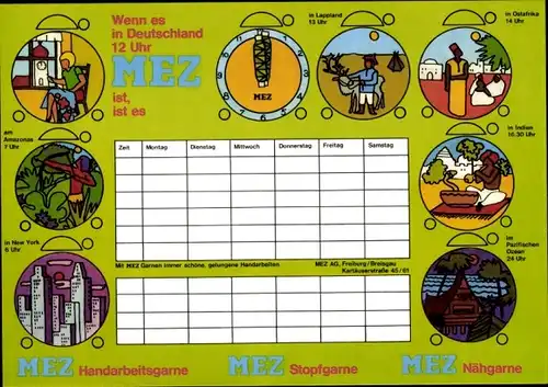 Stundenplan MEZ Handarbeitsgarne Stopfgarne Nähgarne, Völker um 1970