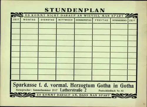 Stundenplan Sparkasse Herzogtum Gotha, Das Sparkassenbuch, Hausansicht um 1950