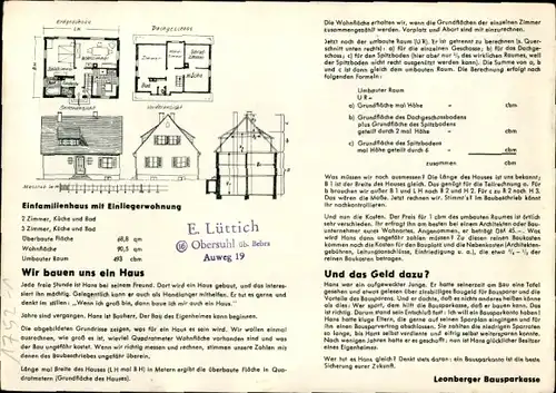 Stundenplan Bausparkasse Leonberger, bei Stuttgart, Bauplan Einfamilienhaus 1960