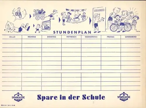 Stundenplan Sparkassen Verlag, Spare in der Schule, Kinder mit Sparbuch um 1960