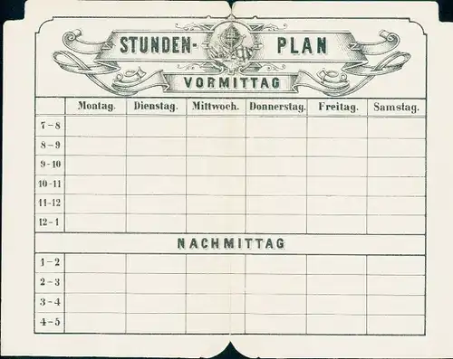 Stundenplan - klappbar in Buchform, Einteilung Vormittag und Nachmittag um 1920