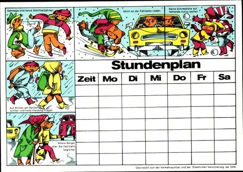 Stundenplan DDR Verkehrspolizei und Staatliche Versicherung, Kinder im Straßenverkehr um 1970