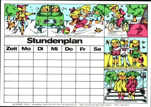 Stundenplan DDR Verkehrspolizei und Staatliche Versicherung, Kinder im Straßenverkehr um 1970