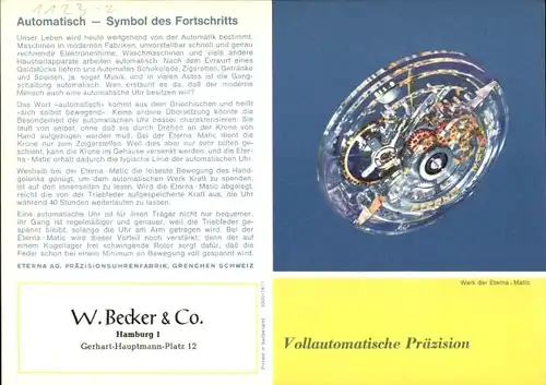 Stundenplan Uhrenhersteller Eterna AG, Schweiz, Uhr Eterna Matic, Uhrwerk Automatik um 1960/70