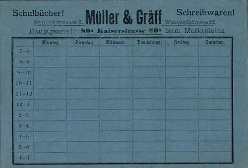 Stundenplan Müller & Gräff Schulbücher Schreibwaren, Kaiserstraße 80a, Karlsruhe um 1950