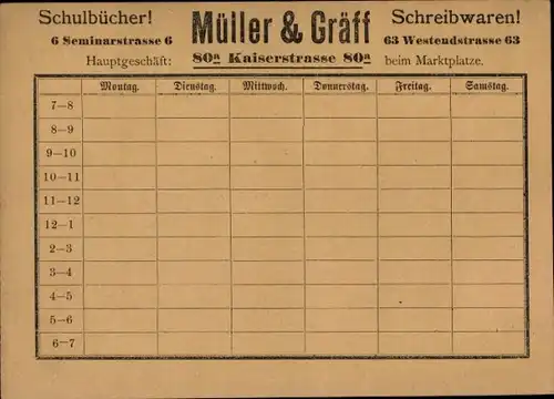 Stundenplan Müller & Gräff Schulbücher Schreibwaren, Kaiserstraße 80a, Karlsruhe um 1950