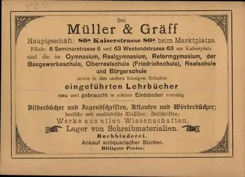 Stundenplan Müller & Gräff Schulbücher Schreibwaren, Kaiserstraße 80a, Karlsruhe um 1950