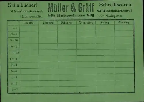 Stundenplan Müller & Gräff Schulbücher Schreibwaren, Kaiserstraße 80a, Karlsruhe um 1950