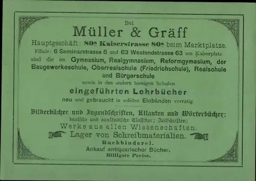 Stundenplan Müller & Gräff Schulbücher Schreibwaren, Kaiserstraße 80a, Karlsruhe um 1950