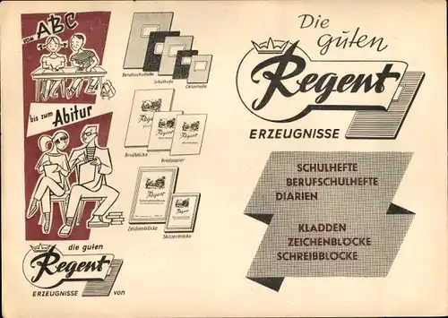 Stundenplan Regent Erzeugnisse Schulbedarf, vom ABC bis zum Abitur, Zeichenblöcke, Hefte um 1960