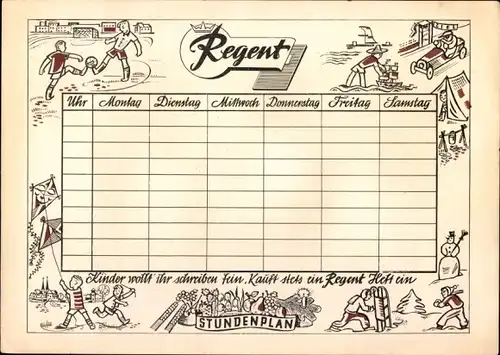 Stundenplan Regent Erzeugnisse Schulbedarf, vom ABC bis zum Abitur, Zeichenblöcke, Hefte um 1960