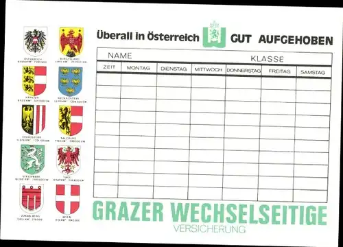 Stundenplan Grazer Wechselseitige Versicherung, Österreich, Landeswappen um 1970