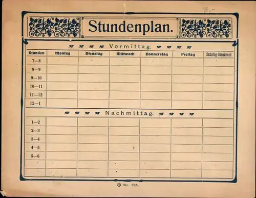 Stundenplan, Einteilung Vormittag uns Nachmittag um 1950