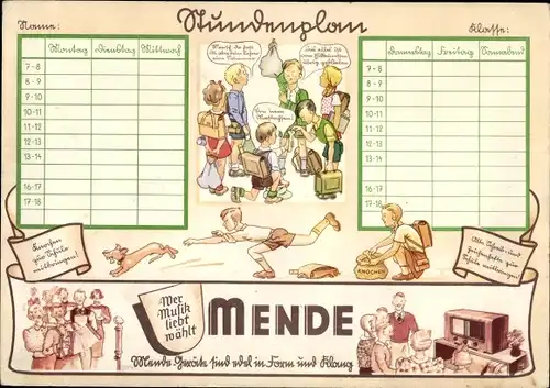 Stundenplan MENDE Radio und Fernseher, Volksempfänger, Kinder um 1930